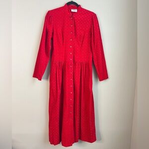 Vintage Lanz Mid-Century Red Corduroy Button Front Long Sleeve Dress